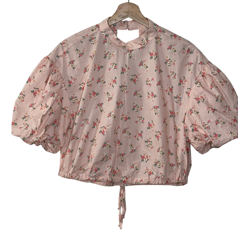 Anthropologie‎ Pink Floral Puff Sleeve Tie Front Mock Neck Blouse Top S